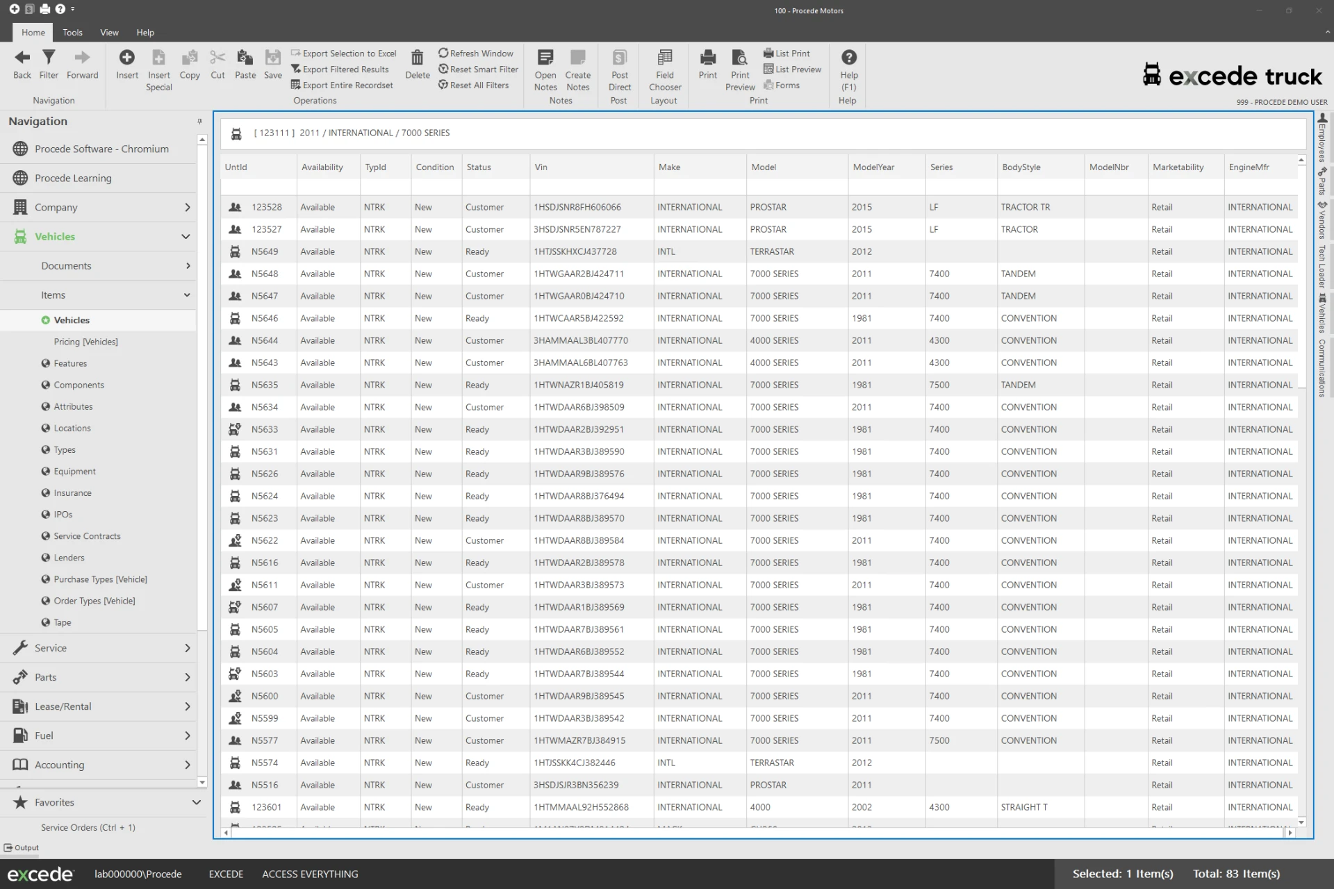 Excede Truck dealership software showing a list of truck units and their details