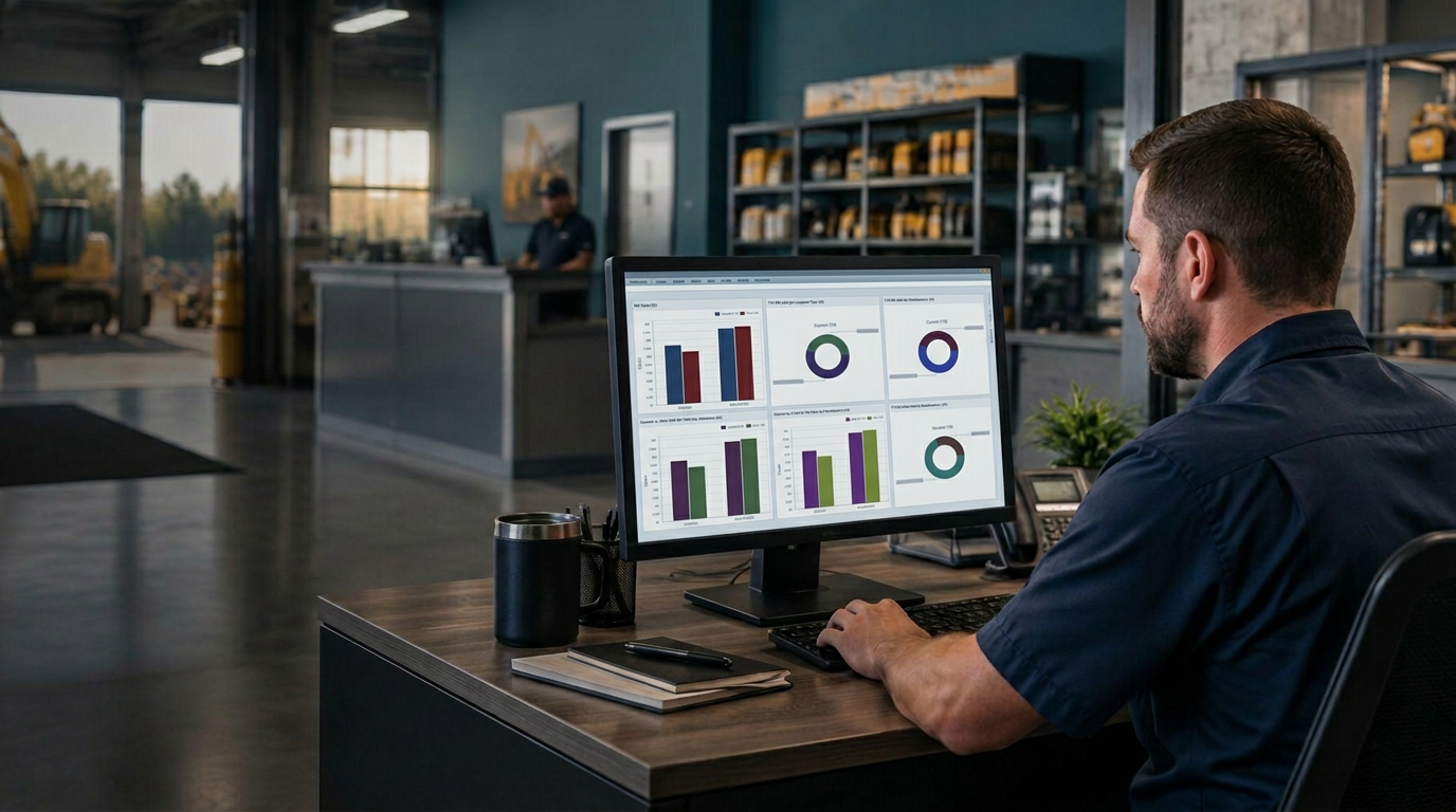 Dealership employee working at a desktop computer in the parts and service office