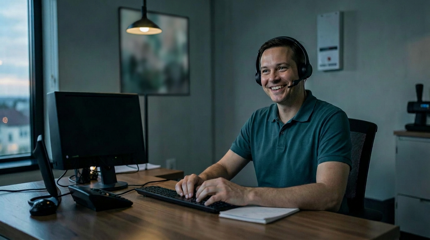 RIMSS support specialist at a desk with a headset