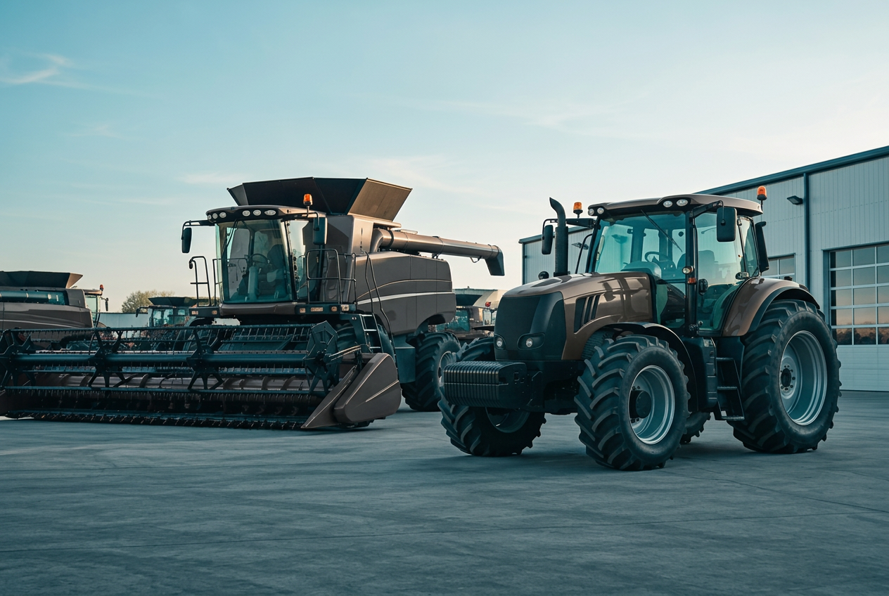 Agricultural tractors and a combine at an equipment dealership