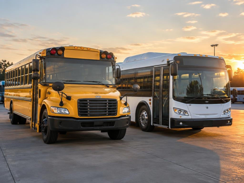 School bus and commercial bus at a bus dealership