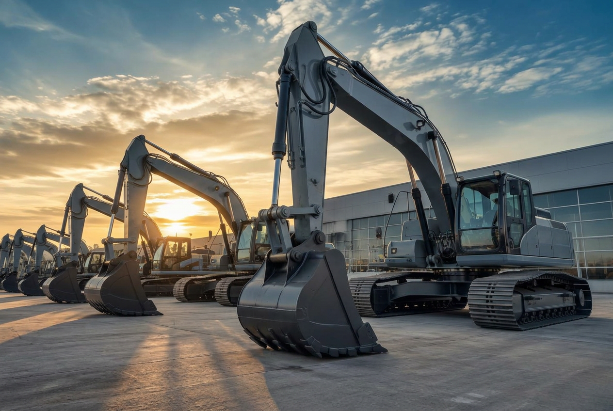 Excavators lined up at a construction equipment dealership