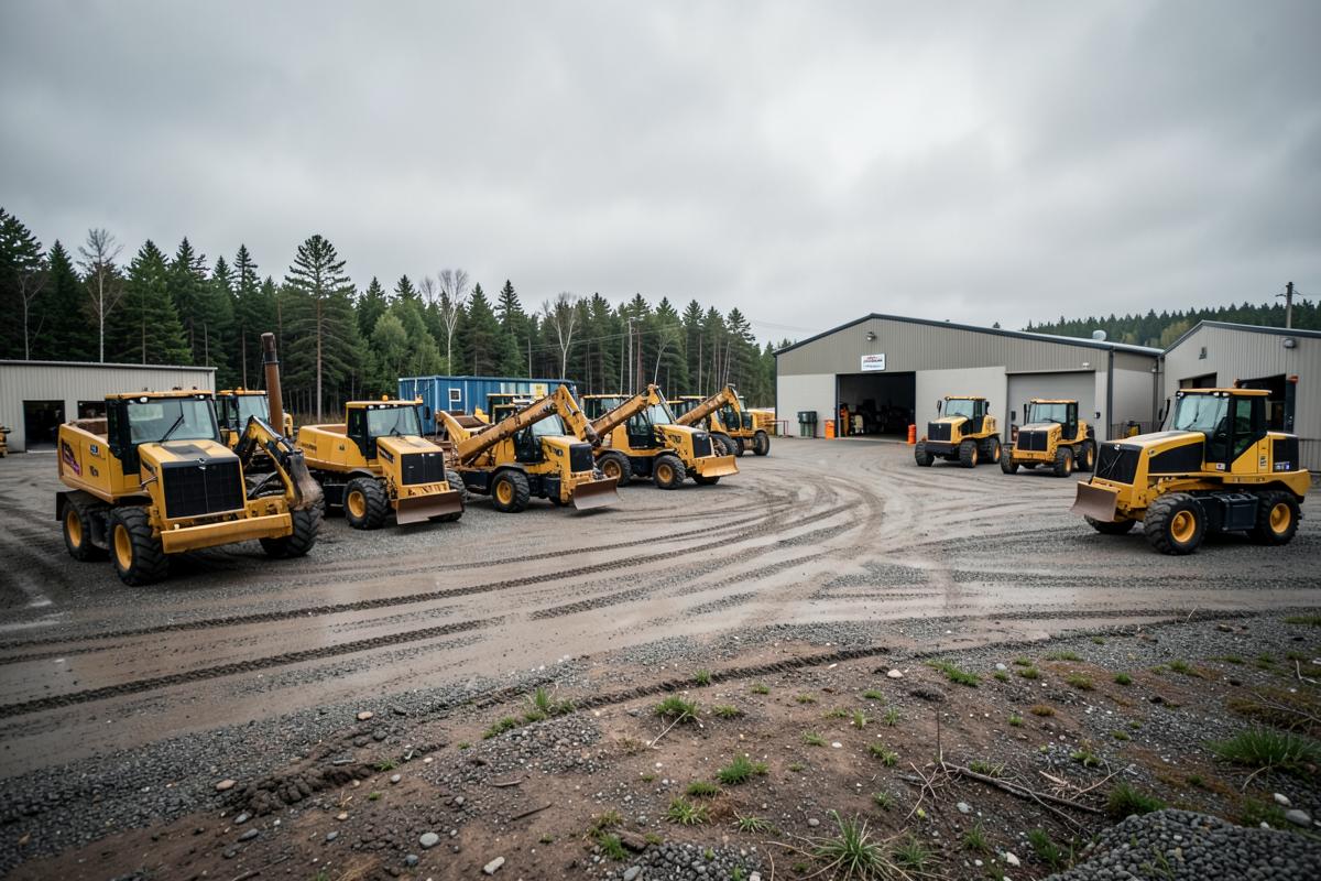 Forestry equipment outside a dealership service facility