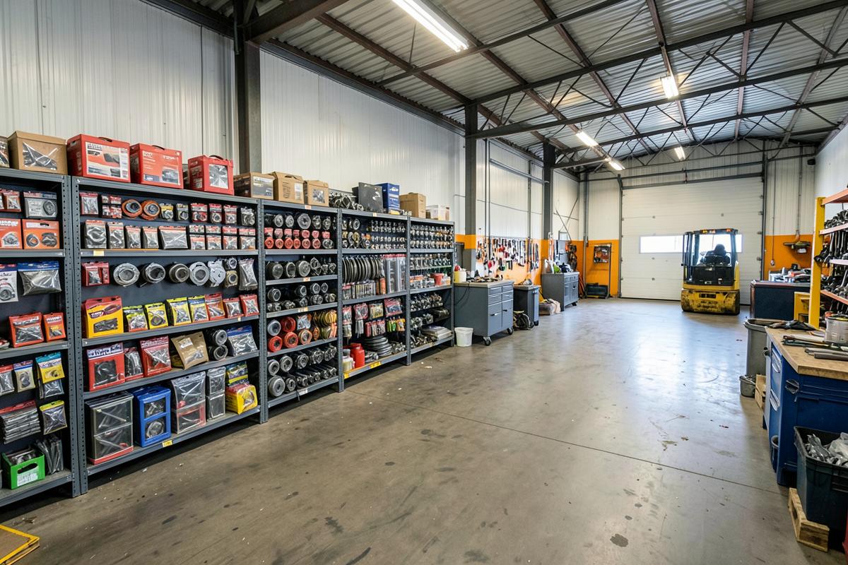 Organized equipment parts department and service bay