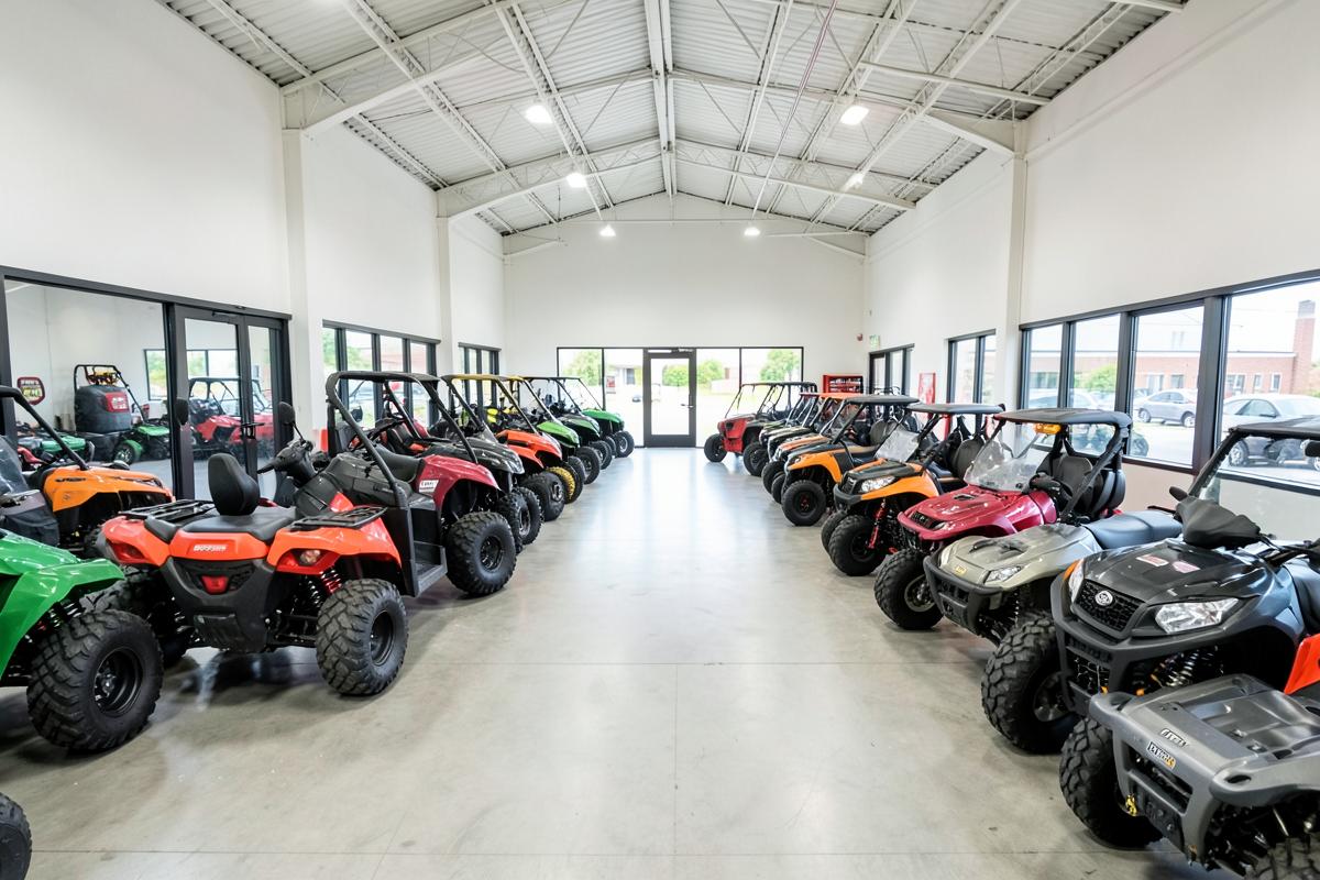 Power sports vehicles in a modern dealership