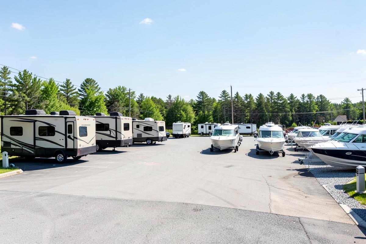 Recreational vehicles and boats at a dealership