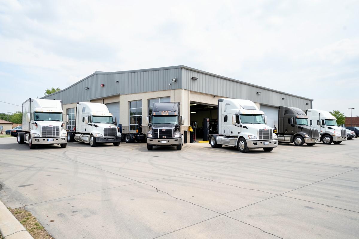Heavy trucks outside a diesel dealership service center