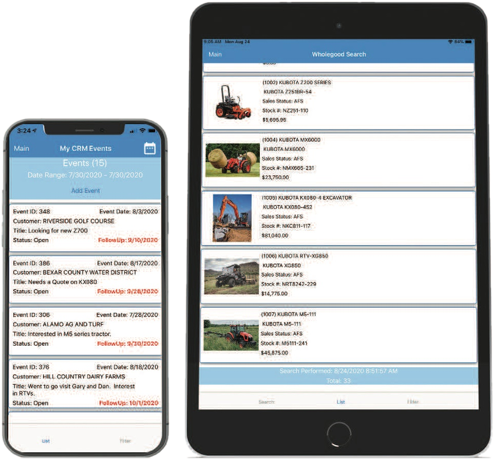 RIMSS mobile app on a phone showing CRM events and on a tablet showing a wholegood search