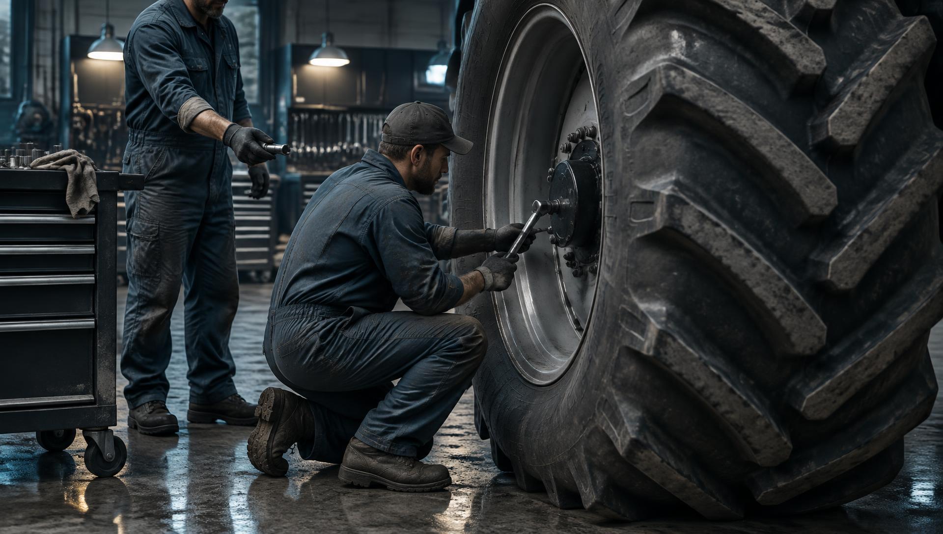 Technicians servicing a tractor in a dealership service bay