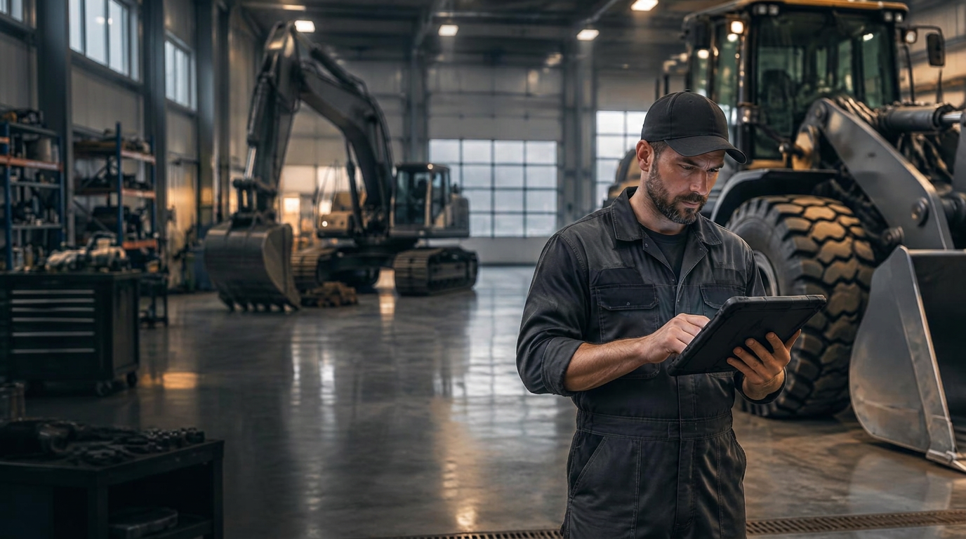 A service technician checks a work order on a tablet in a dealership service shop
